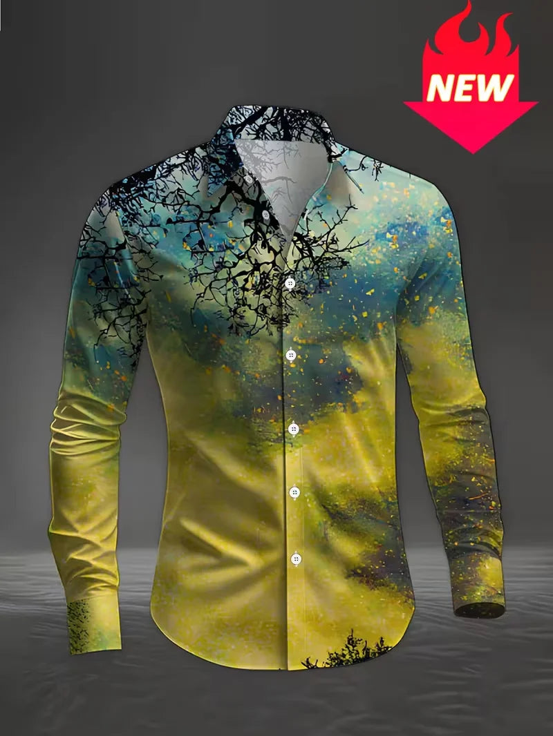 New men's fashionable 3D dragon print shirt casual long sleeved animal button design fashionable shirt top